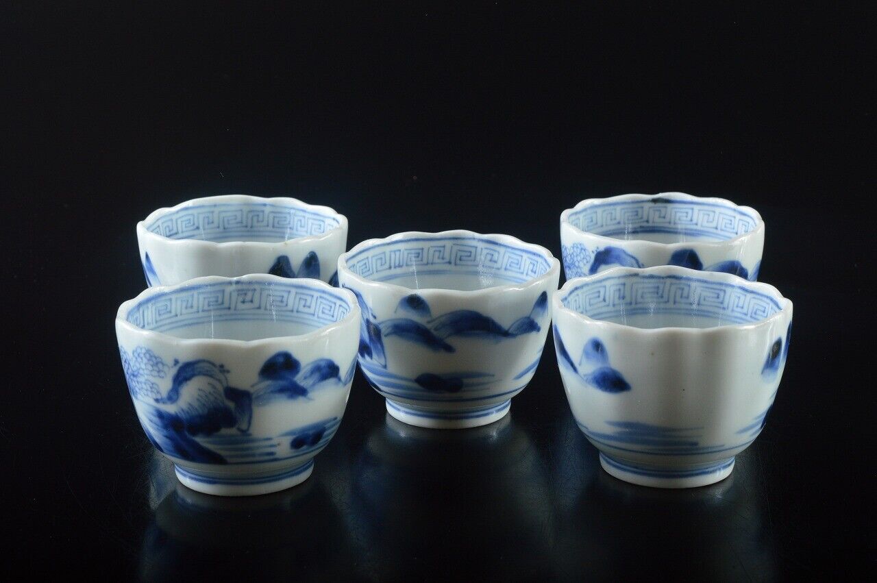H377: Japanese Old Imari-ware Blue&white Landscape Tea Cup Senchawan 5pcs, Auto