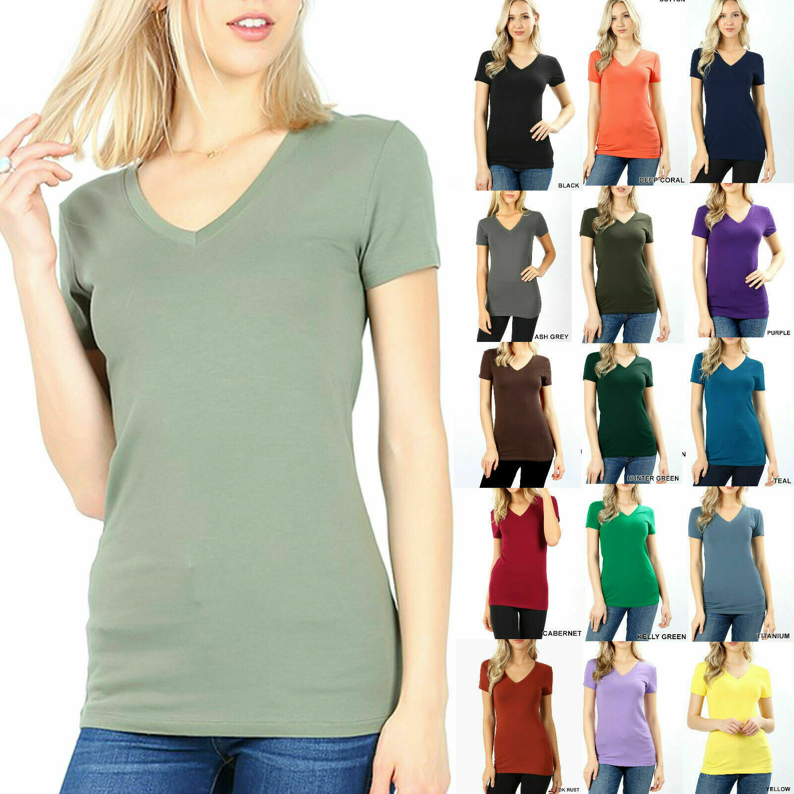 Womens Basic V-neck Short Sleeve Cotton T-shirt Top Stretch Solid Layering Plain
