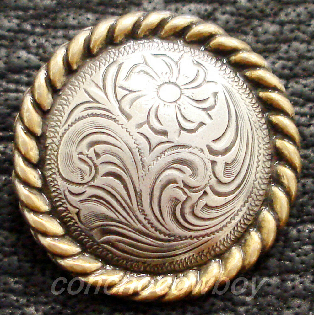 Western Leathercraft Horse Tack Antique Engraved Gold Rope Edge Concho Screwback