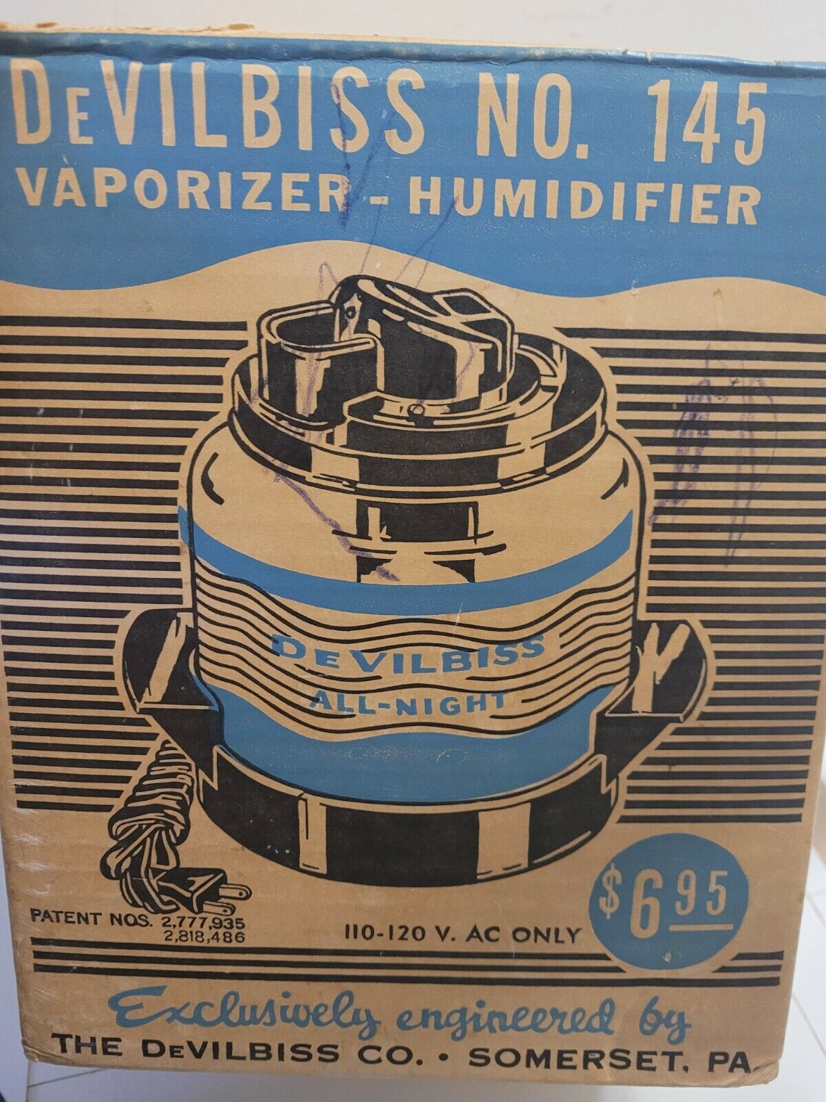 Vintage Devilbiss No. 145 Vaporizer Humidifier Aqua Blue In Original Box Rare