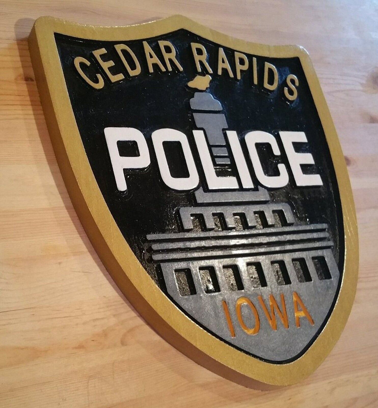 Police Cedar Rapids 3d Routed Carved Award Wood Plaque Patch Sign Custom
