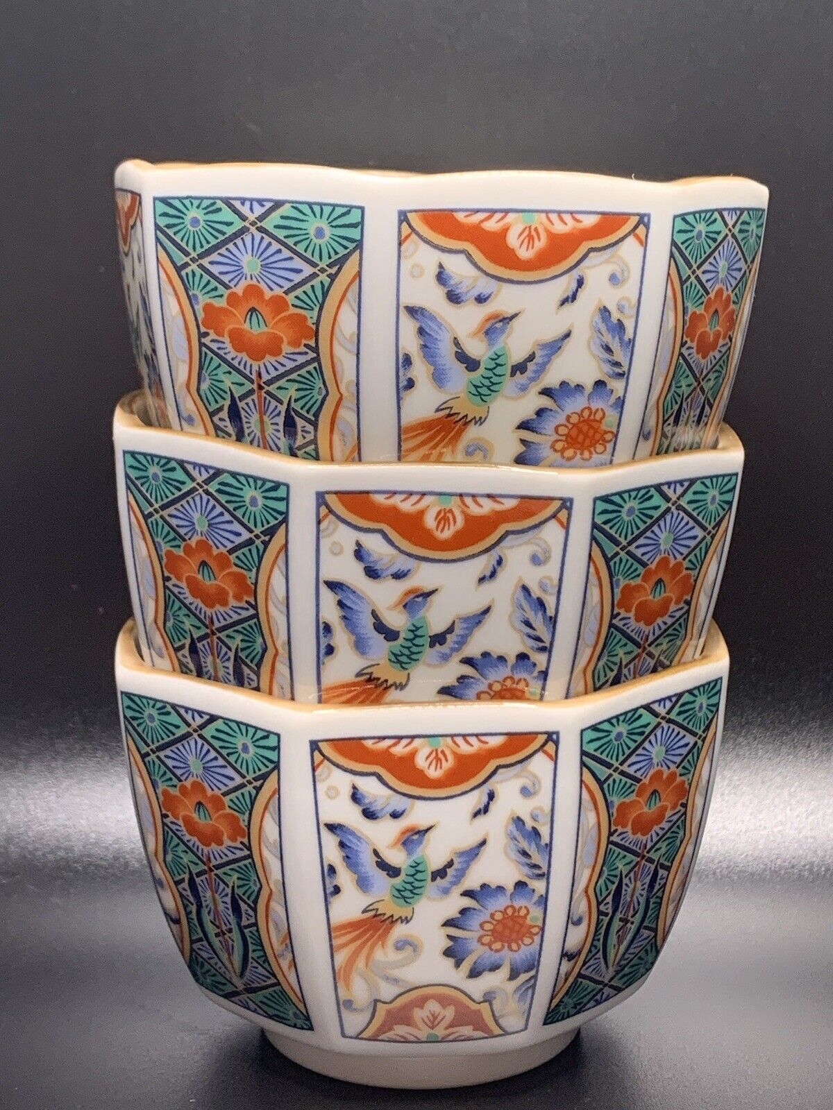 Japanese Porcelain Set Of 3 Tea , Soup Or Sake Cups Crane Bird Lotus Rose Poppy