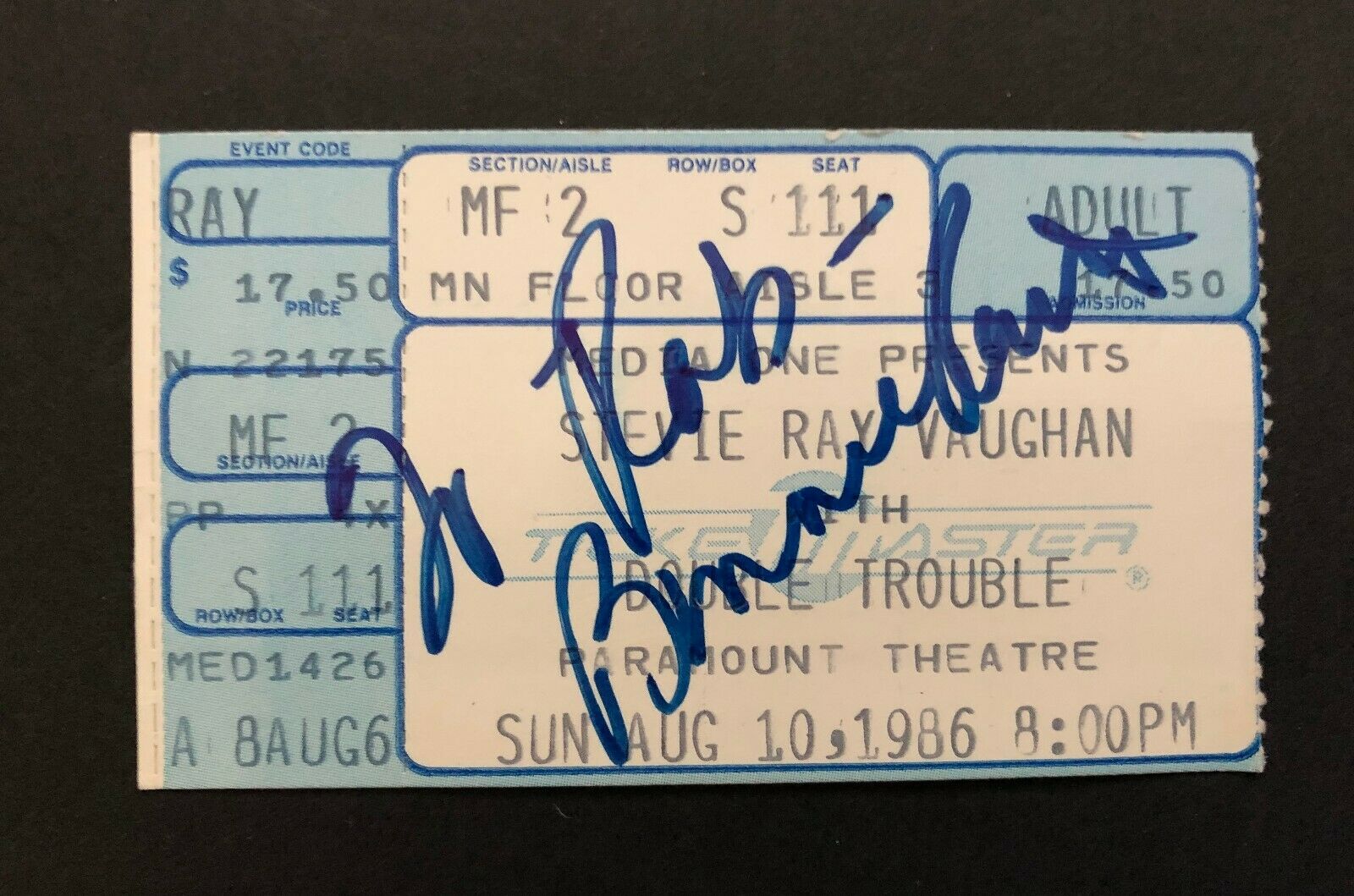 Stevie Ray Vaughan~signed Ticket Stub By~bonnie Raitt~8/10/86 Paramount Seattle