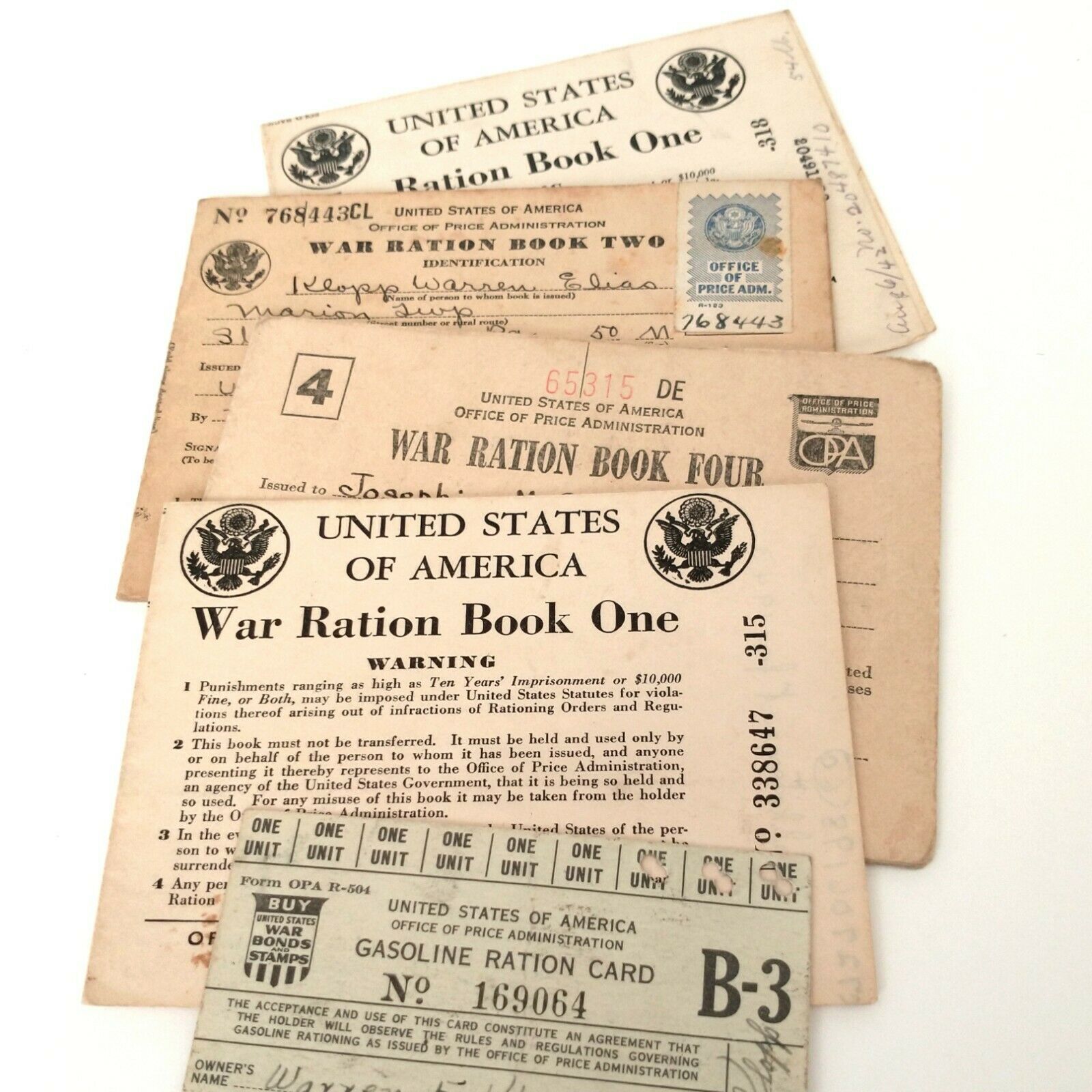 Vtg Ww2 Ration Book Lot 1940s War Home Front Ephemera 1944 One Two Four Gasoline