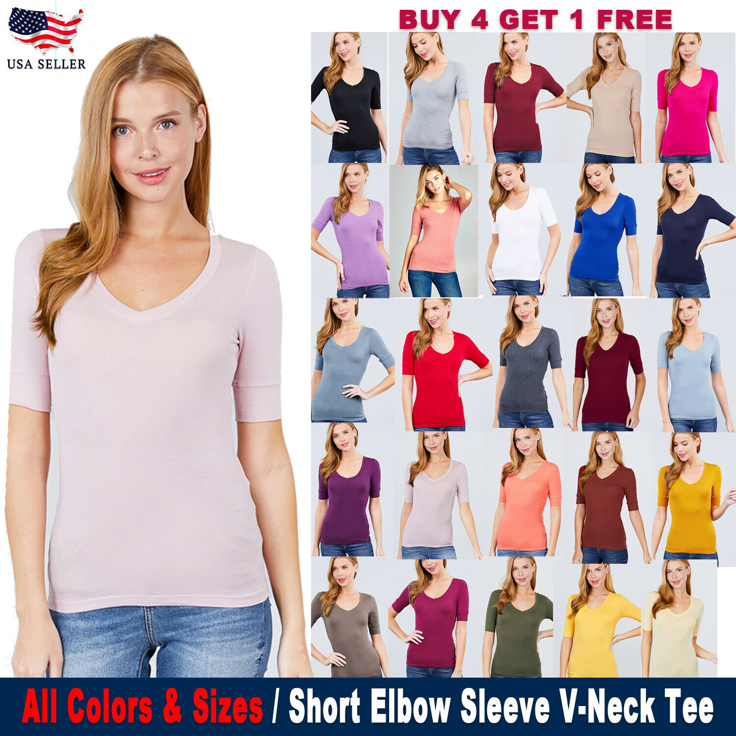 S M L 1x 2x 3x Women's V-neck Elbow 3/4 Sleeve Cotton Spandex Basic T Shirt Top