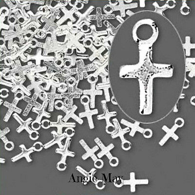 100* Silver Plated 7x4mm Cross Charms Drops - Wholesale