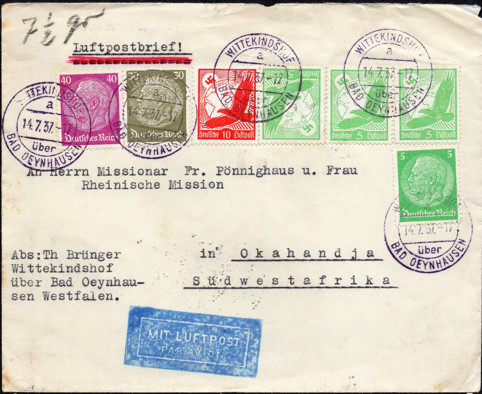 ✔️ 1937. Germany Dr Mit Luftpost Rare Cover Wittekindshof To Okahandja Namibia