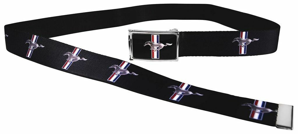Clamp Web Men Canvas Military Webbing Ford Mustang Black 1.5" Chrome Logo Gt