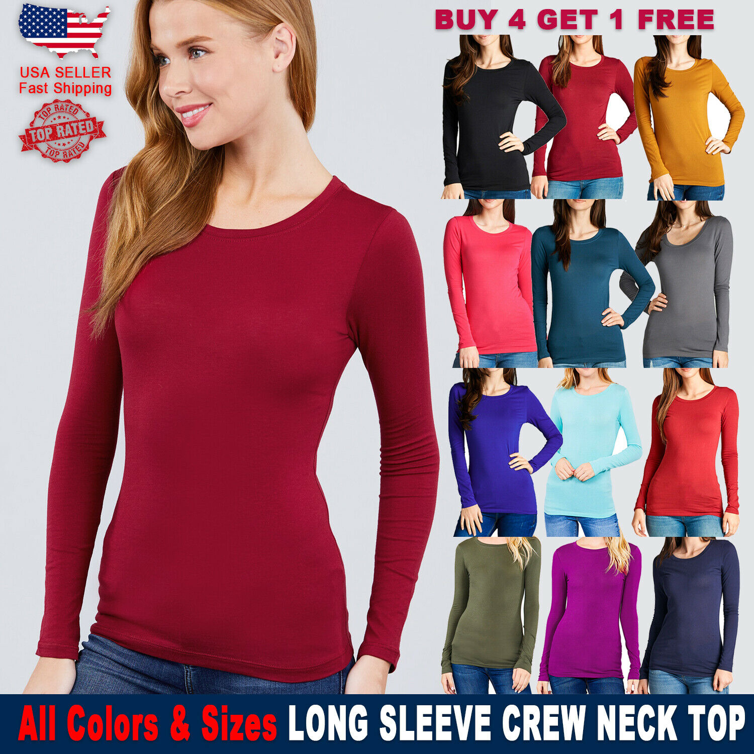New Women's Spandex Cotton Solid Long Sleeve T-shirts Crew Neck Basic Top S M L