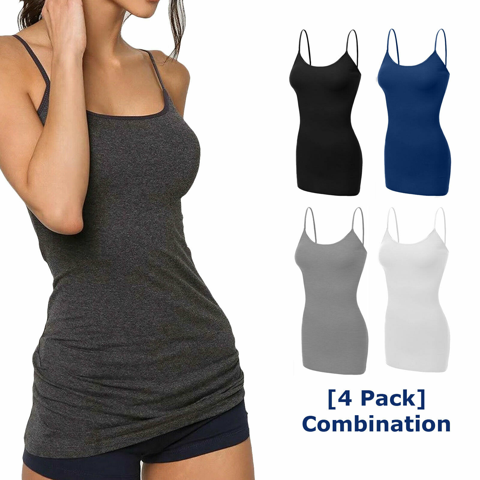 [4 Pack] Women Long Cami Tank Tops Cotton Blend Fit Basic Camisole Top W/ Straps