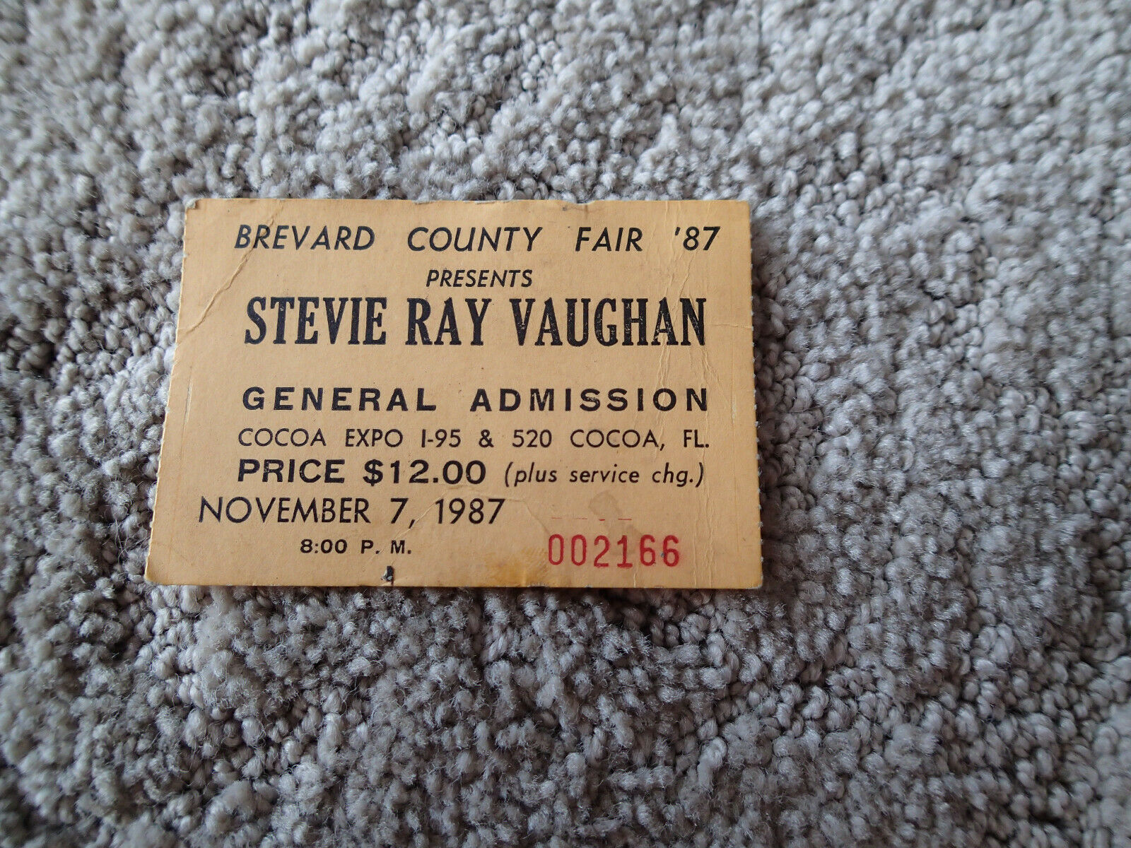 1987 Stevie Ray Vaughan Concert Ticket Stub - 11/7/87 Brevard County Rare