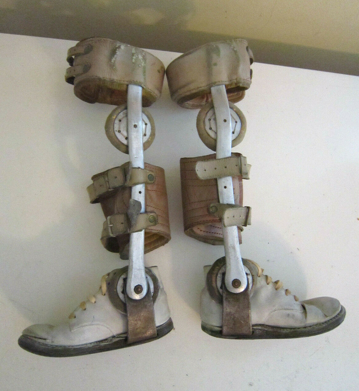 Antique Childs Polio Leg Braces Corrective Leather Shoes Vintage Steampunk