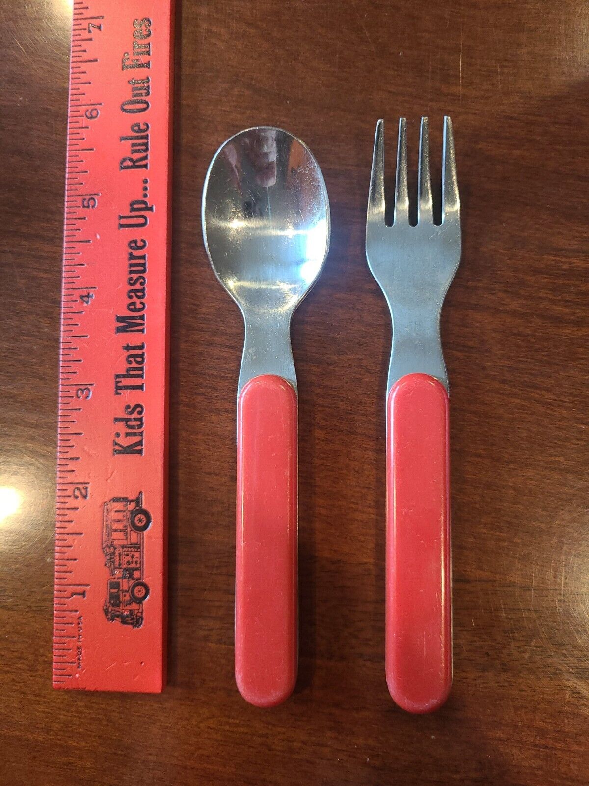 Vintage Red Handled And Stainless Steel Kids Fork & Spoon Set, Retro
