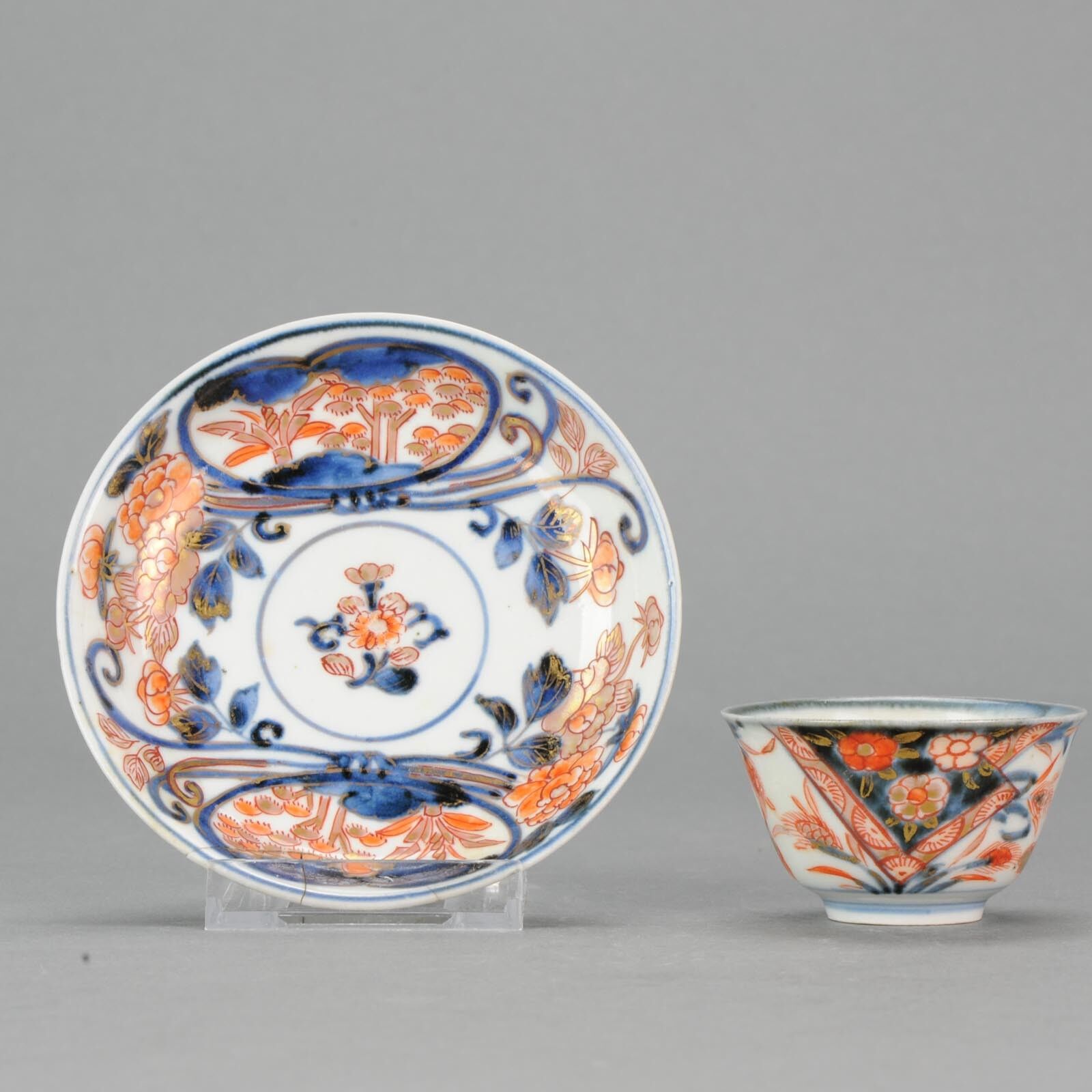 18c Japanese Porcelain Cup Saucer Imari Flowers Bird Antique
