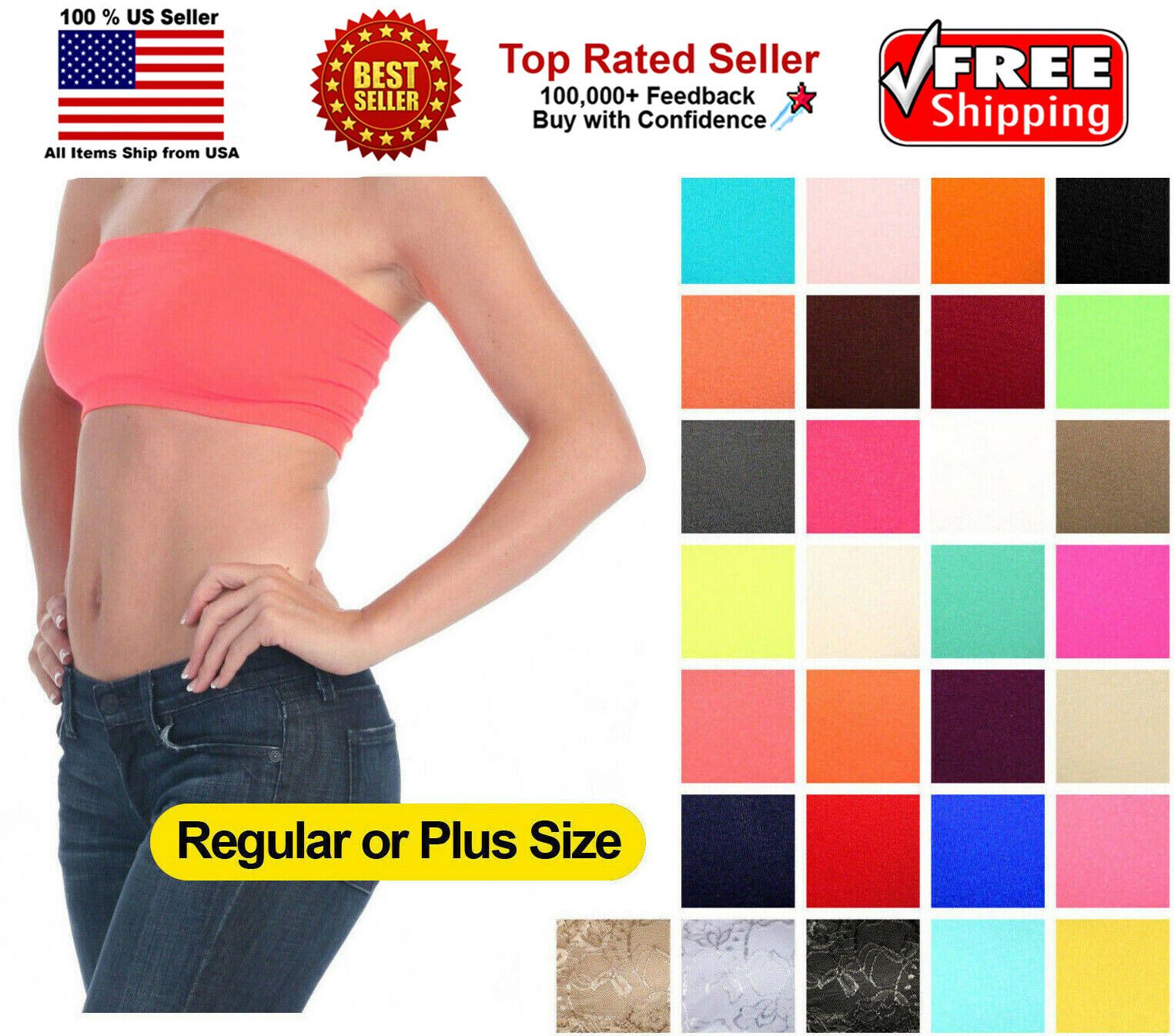 Women Strapless Padded Bra Bandeau Tube Top Removable Pads Seamless Many Colors