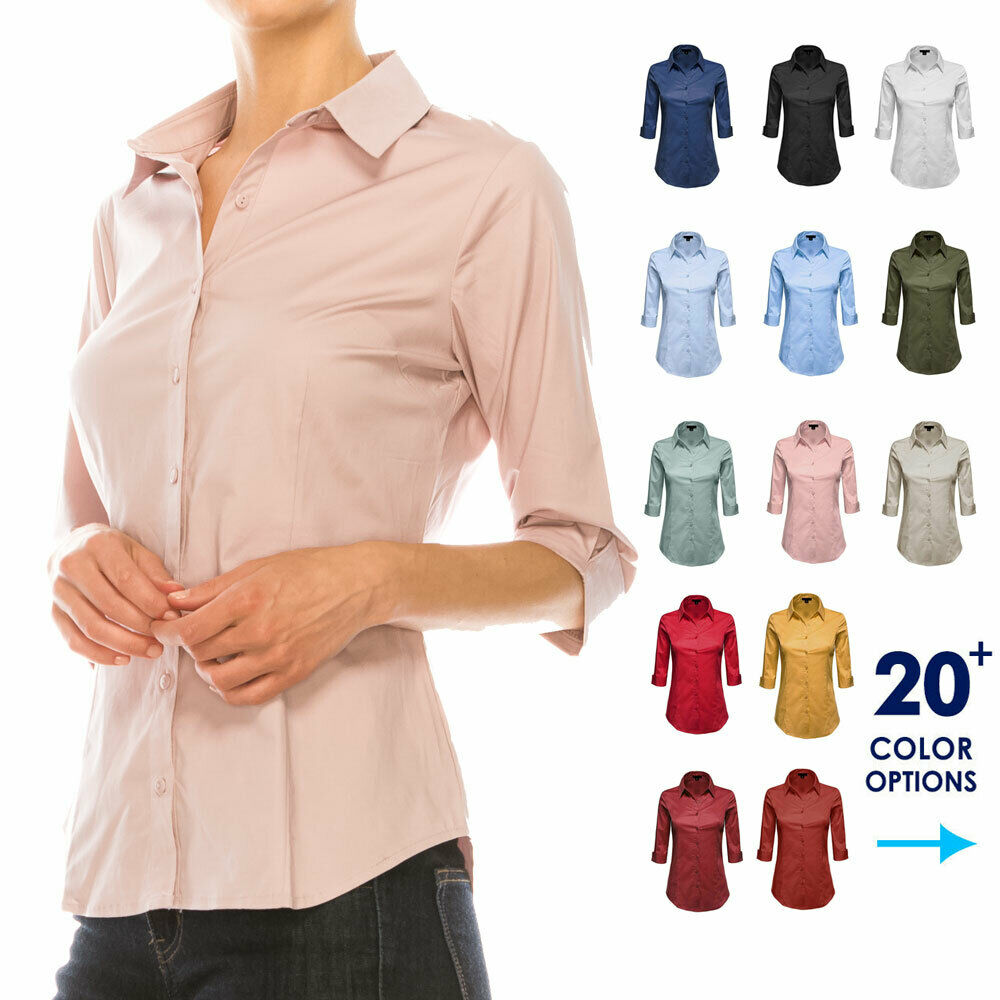 Women Button Down Shirt Blouse 3/4 Sleeve Collared Office Work Dress Top Plus