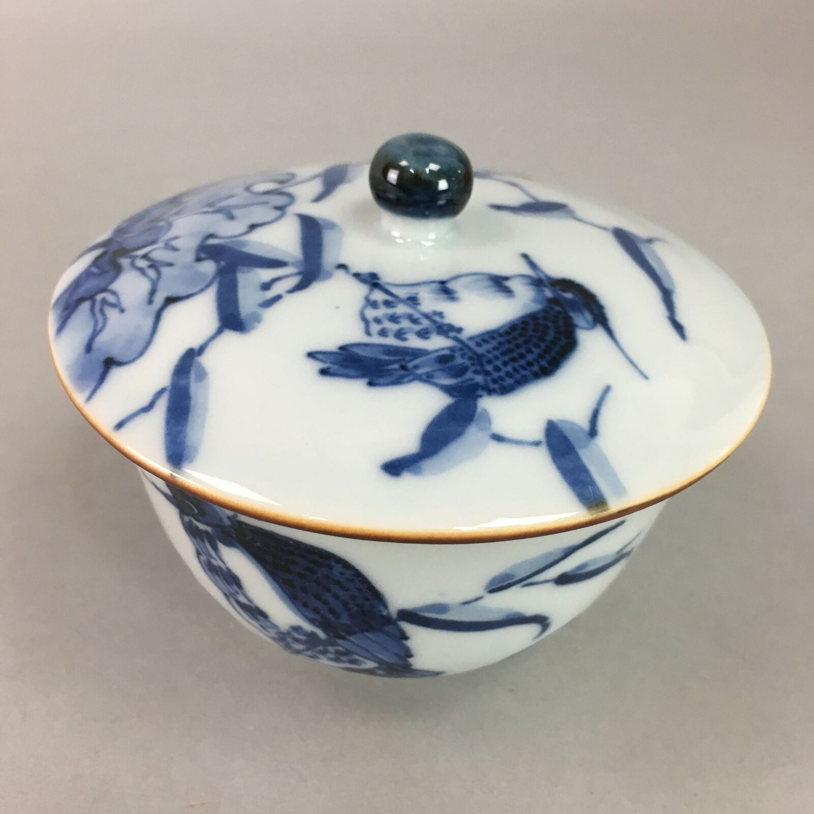 Japanese Porcelain Lidded Teacup Vtg Yunomi Sometsuke Blue White Bird Fowl Qt59