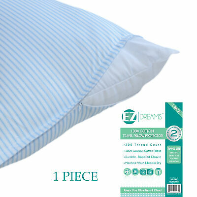 100% Cotton Travel  Zippered Pillow Case Protector: 14 X 20 White Blue Stripes