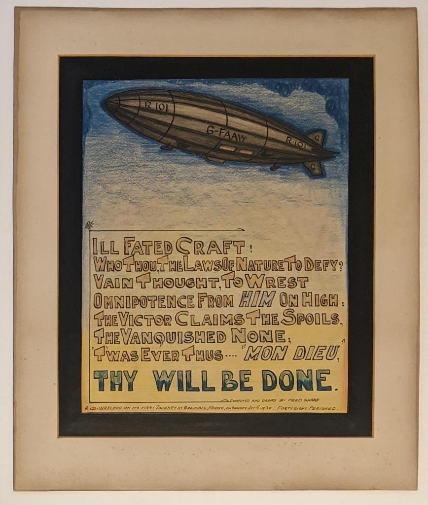 C.1930 Original Artwork & Poem By Fred Sharp Re: Deadly English Airship Disaster