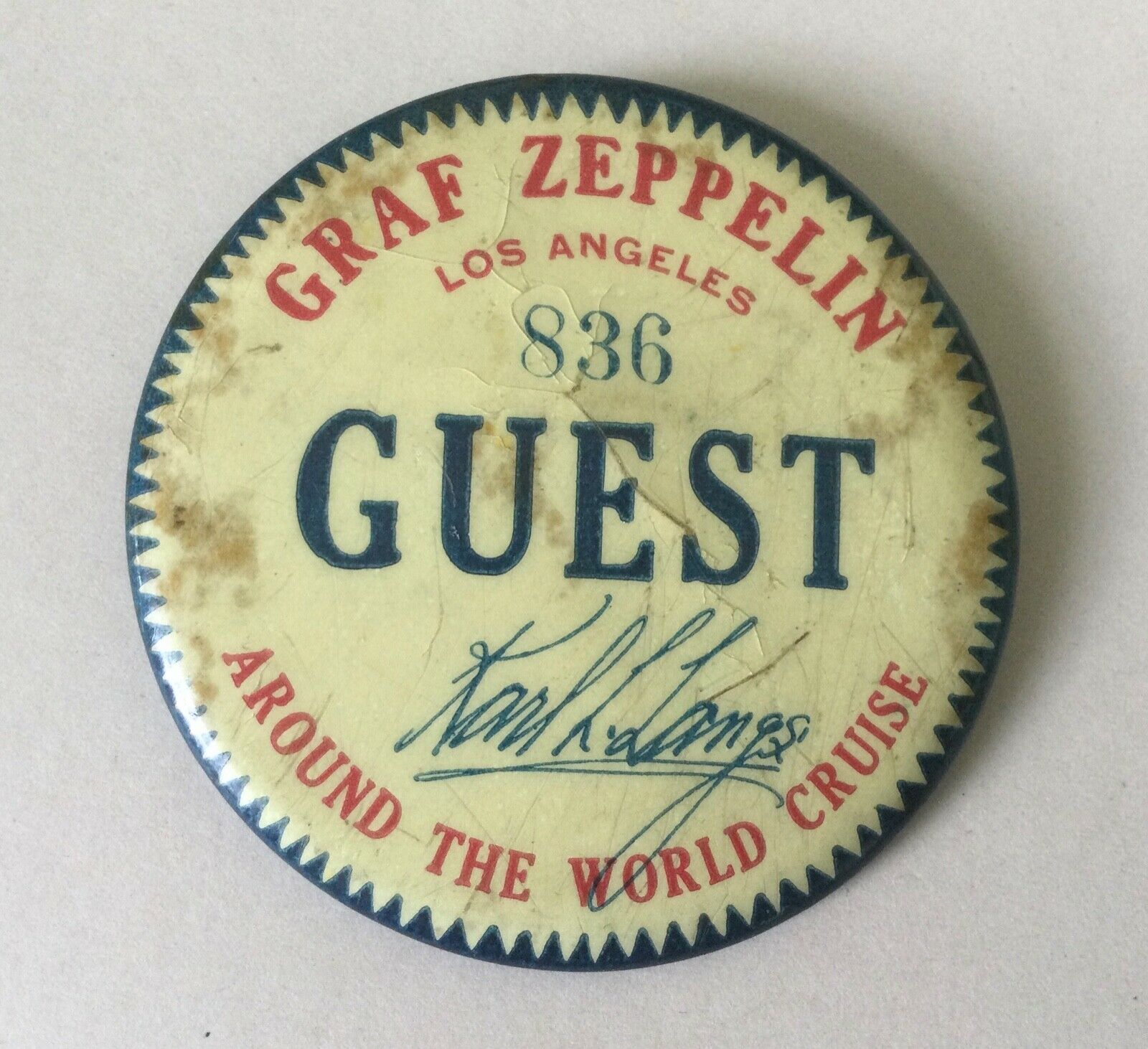 Graf Zeppelin Guest Pin - Los Angeles ~ Around The World Cruise 1929