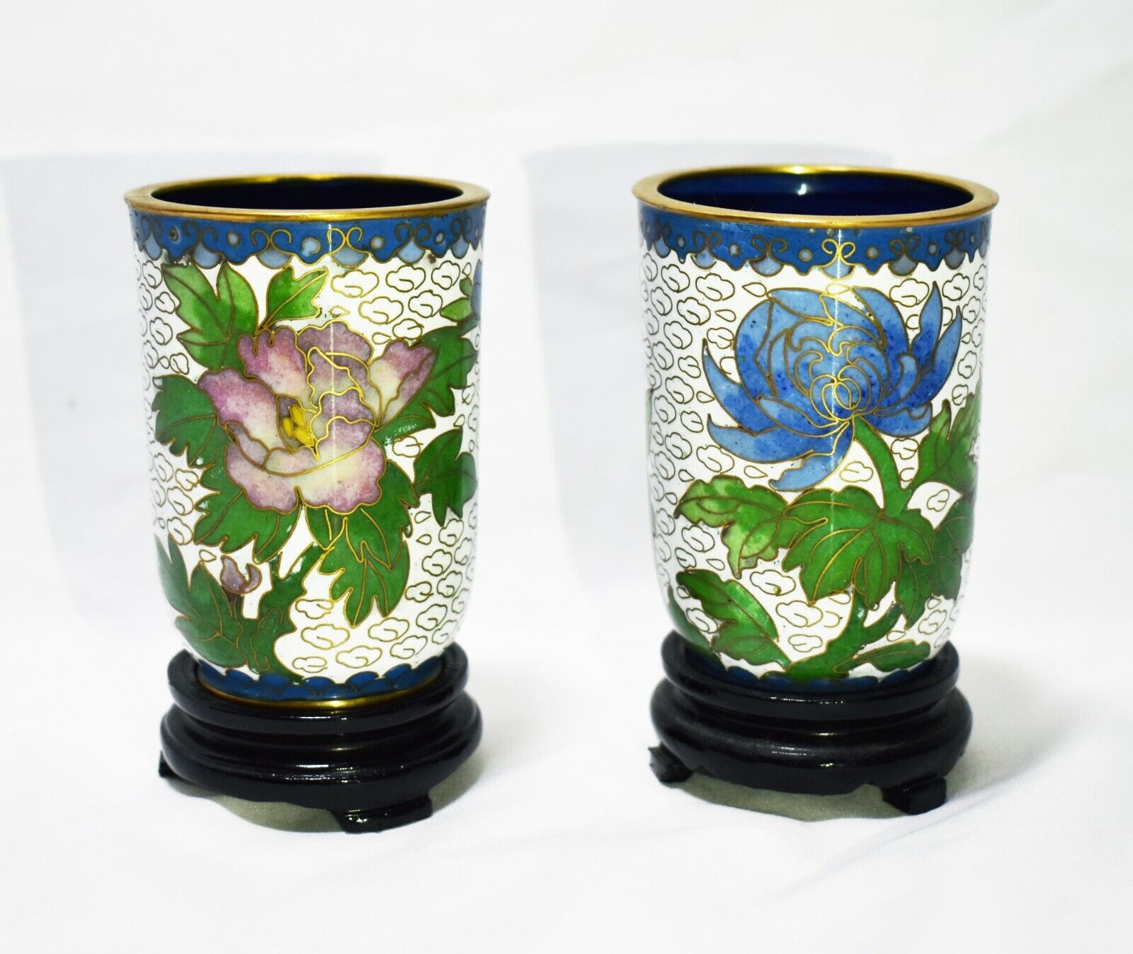 2 Vintage Japanese White Cloisonne Cups- Pink & Blue Floral-wood Tripod Bases