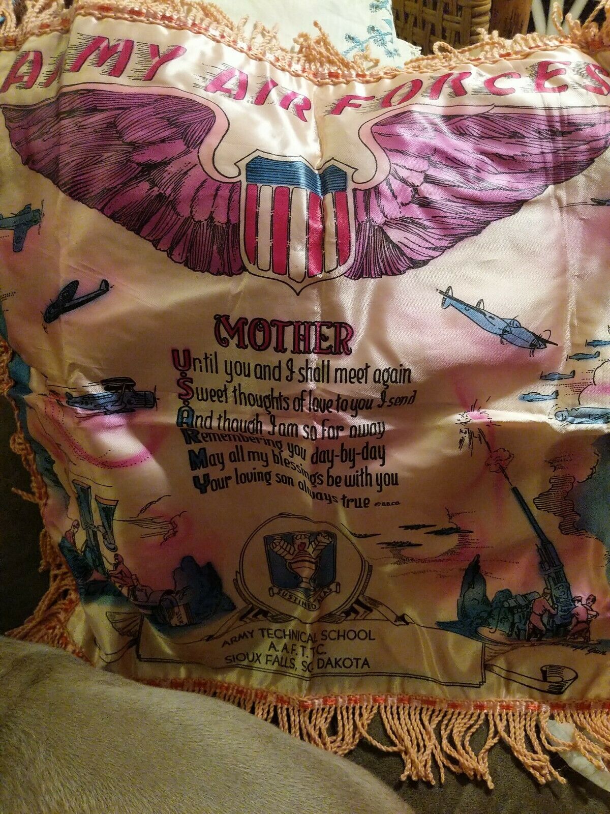Vintage Military Air Force Army Wwii Silk Pillow Sham Mother Poem. S Dakota