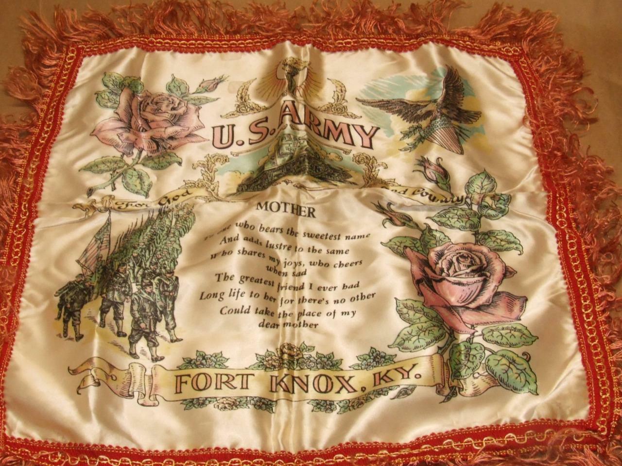 Wwii Us Army Sweetheart Mother Fort Knox Kentucky Silk Pillow Cover 16" + Fringe