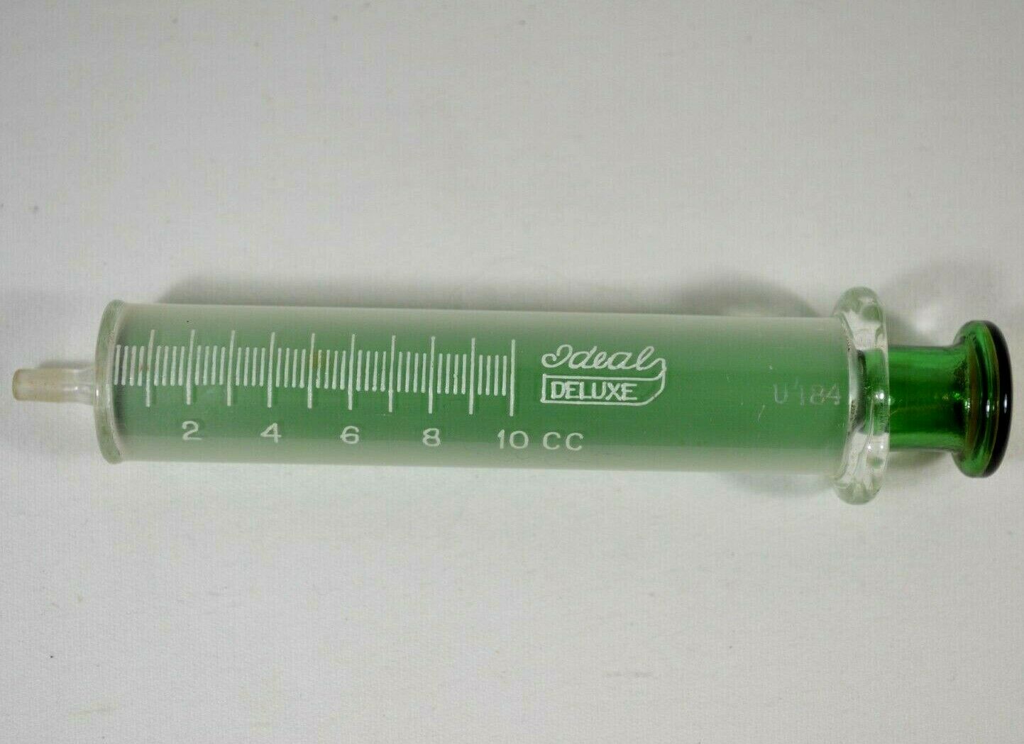 Vtg Antique Clear & Green Glass Ideal Deluxe 10cc Syringe Luer Slip Tip