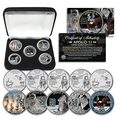 Apollo 11 50th Anniversary Man On Moon State Fl & Oh Quarters 5-coin Set W/ Box