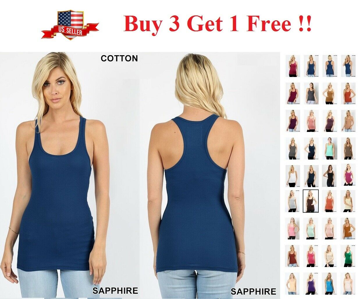 Soft Cotton  Stretch Ribbed Racerback Tank Top Long Workout Yoga  Sport Fitness