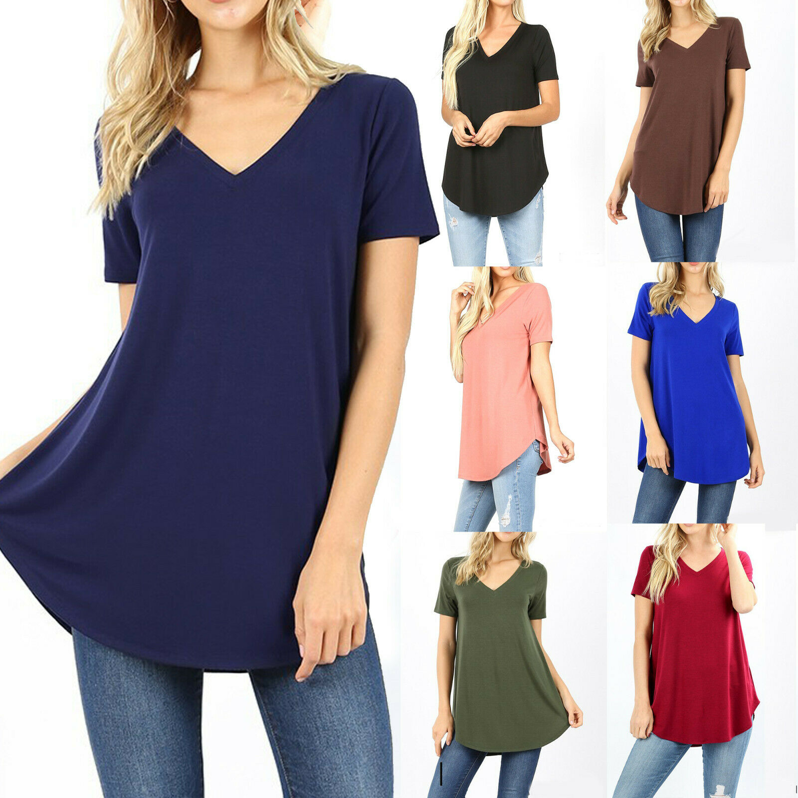 Womens Loose Fit Short Sleeve T-shirt V-neck Casual Basic Tunic Top Long Blouse