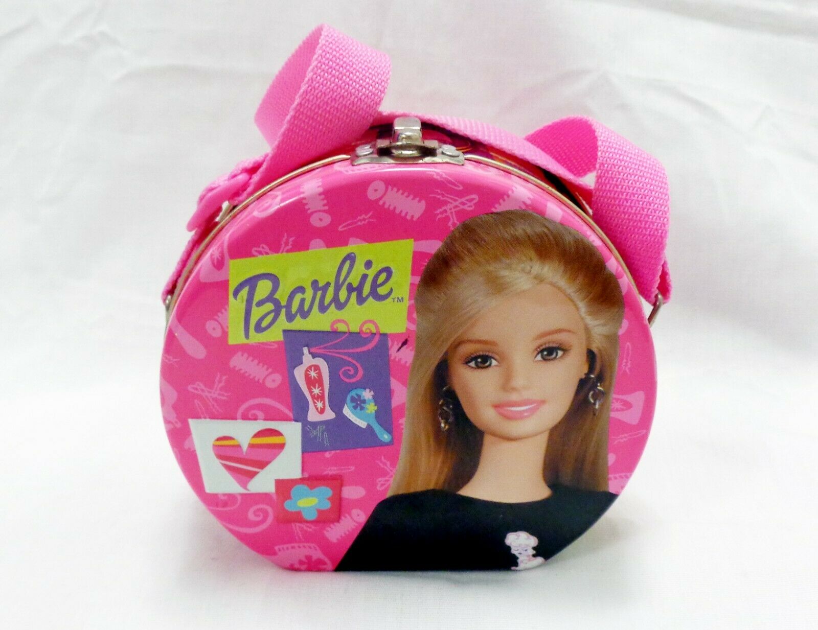 Barbie Metal Collectors Candy Embossed Tin Small Lunch Box Purse 5” W Strap