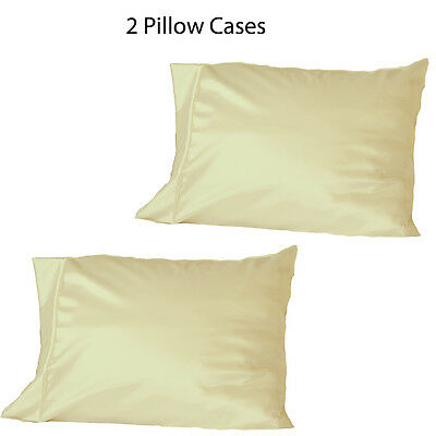 Set Of Two (2) Beige Soft 100% Satin Pillowcases: Standard Queen